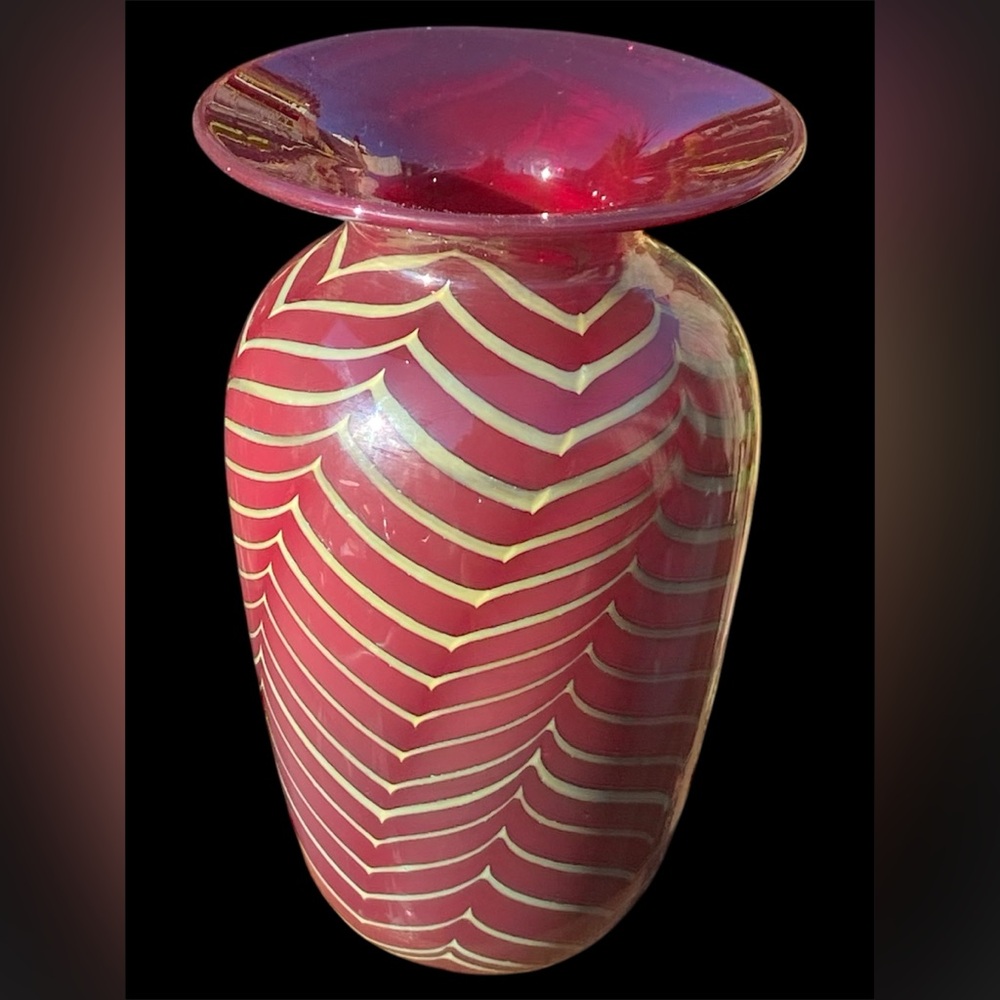 SOLD Signed Master Michael Nourot Art Glass Red Pulled Feather Vase 4.5" 1985